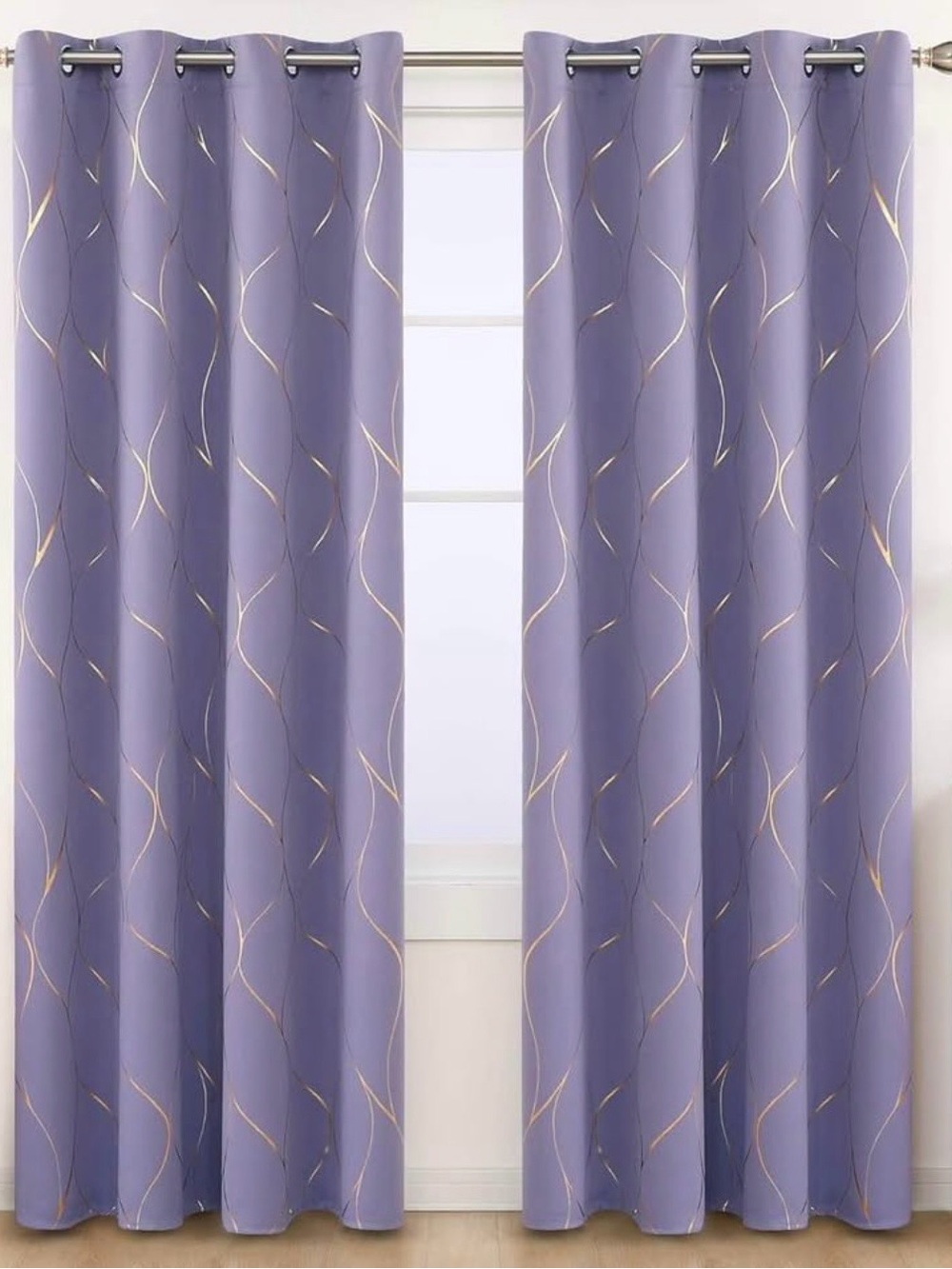 Purple Wave Pattern Grommet Window Curtains gold accents Blackout